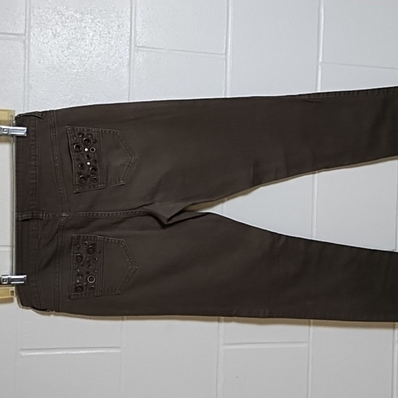 Olive Green Grey Stretch Skinny Jeans with Brass Back Pocket Detail - Picture 11 of 13